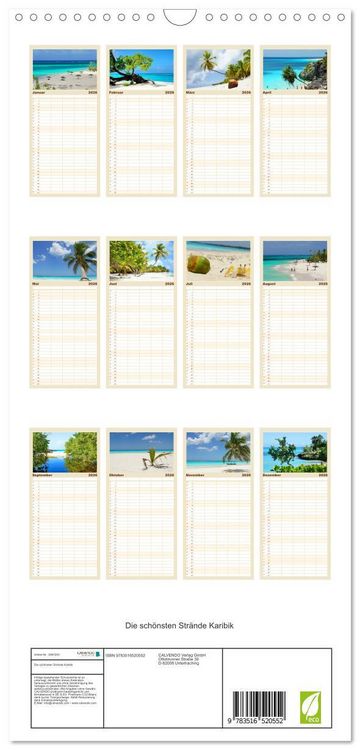 Produktbild: Familienplaner 2026 - Die sch&ouml;nsten Str&auml;nde Karibik mit 5 Spalten (Wandkalender, 21 x 45 cm) CALVENDO