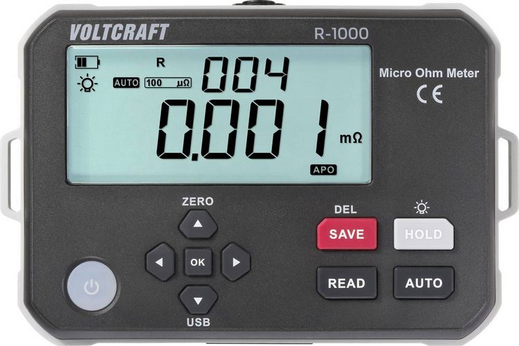 Produktbild: VOLTCRAFT R-1000 Mikroohmmeter 1 &micro;Ω 1A Datenspeicher Akkubetrieb