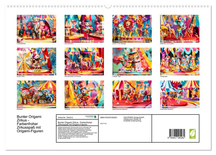 Produktbild: Bunter Origami Zirkus - Farbenfroher Zirkusspa&szlig; mit Origami-Figuren (hochwertiger Premium Wandkalender 2026 DIN A2 quer), Kunstdruck in Hochglanz
