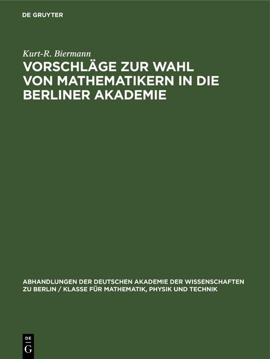 Produktbild: Vorschl&auml;ge zur Wahl von Mathematikern in die Berliner Akademie