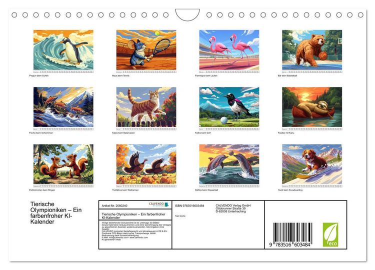 Produktbild: Tierische Olympioniken &ndash; Ein farbenfroher KI-Kalender (Wandkalender 2026 DIN A4 quer), CALVENDO Monatskalender