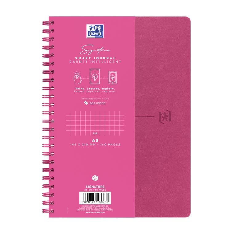 Produktbild: Oxford Spiralbuch Signature A5, 5mm kariert, mit flexiblem Cover, 80 Blatt, Optik Paper&reg;, SCRIBZEE&reg; kompatibel, fuchsia