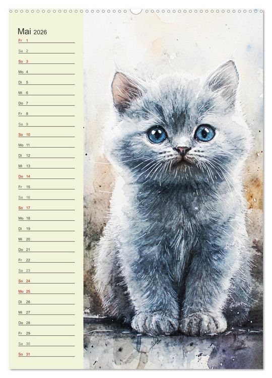 Produktbild: Bezaubernde Katzen. Miezen im lieblichen Aquarell-Stil (hochwertiger Premium Wandkalender 2026 DIN A2 hoch), Kunstdruck in Hochglanz