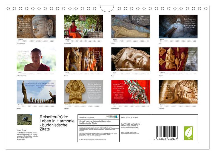 Produktbild: Reisefreu(n)de: Leben in Harmonie - buddhistische Zitate (Wandkalender 2026 DIN A4 quer), CALVENDO Monatskalender