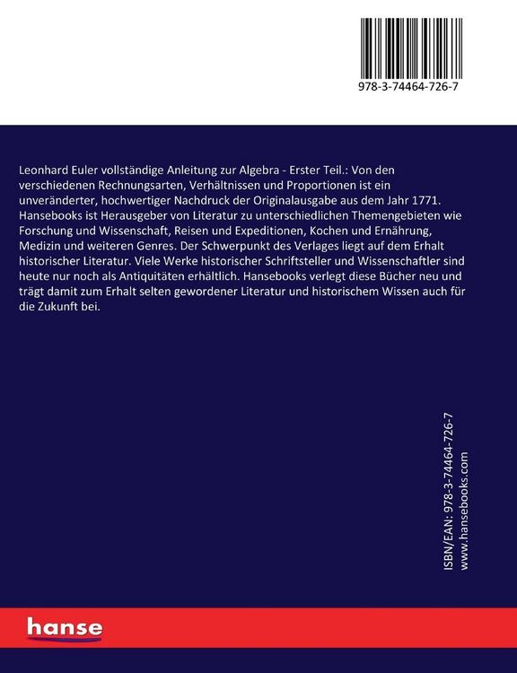 Produktbild: Leonhard Euler vollst&auml;ndige Anleitung zur Algebra