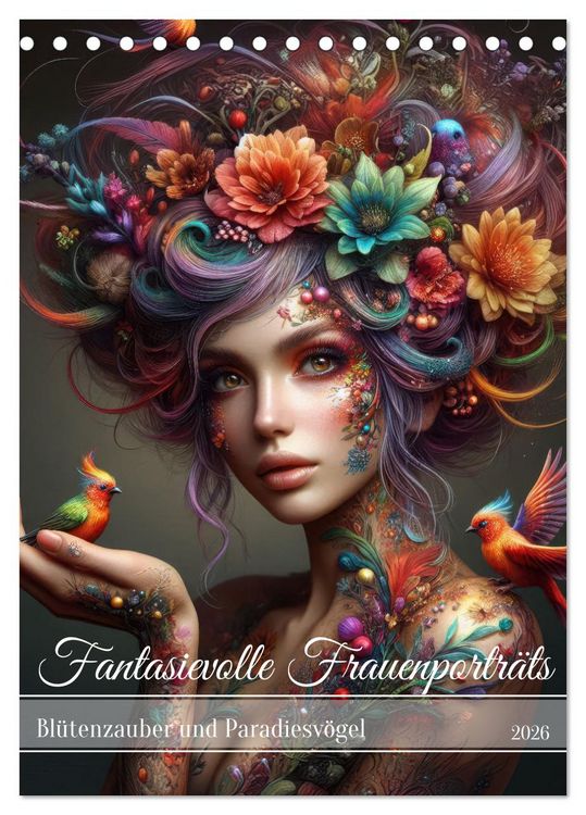Produktbild: Fantasievolle Frauenporträts - Blütenzauber und Paradiesvögel (Tischkalender 2026 DIN A5 hoch), CALVENDO Monatskalender