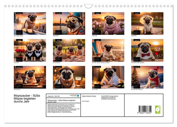 Produktbild: Mopszauber - S&uuml;&szlig;e M&ouml;pse begleiten durchs Jahr (Wandkalender 2026 DIN A3 quer), CALVENDO Monatskalender