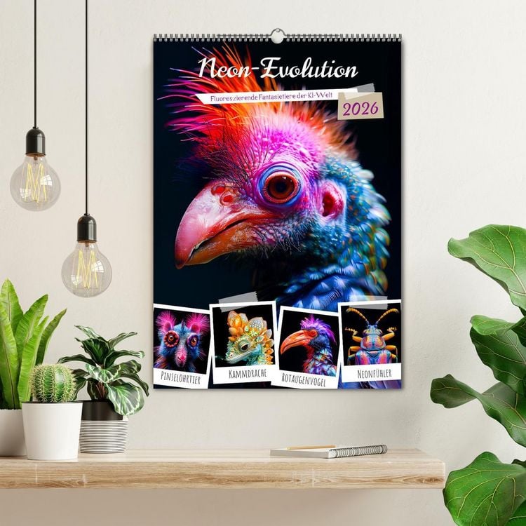 Produktbild: Neon-Evolution - Fluoreszierende Fantasietiere der KI-Welt (Wandkalender 2026 DIN A2 hoch), CALVENDO Monatskalender