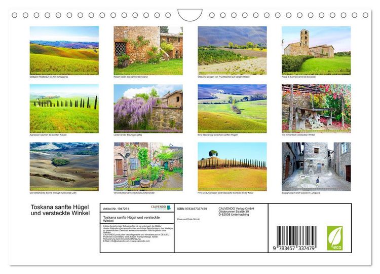 Produktbild: Toskana sanfte H&uuml;gel und versteckte Winkel (Wandkalender 2026 DIN A4 quer), CALVENDO Monatskalender