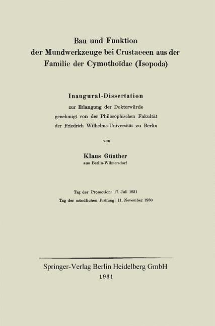 Produktbild: Bau und Funktion der Mundwerkzeuge bei Crustaceen aus der Familie der Cymotho&iuml;dae (Isopoda)