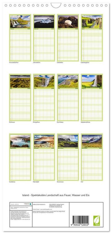 Produktbild: Familienplaner 2026 - Island - Spektakul&auml;re Landschaft aus Feuer, Wasser und Eis mit 5 Spalten (Wandkalender, 21 x 45 cm) CALVENDO