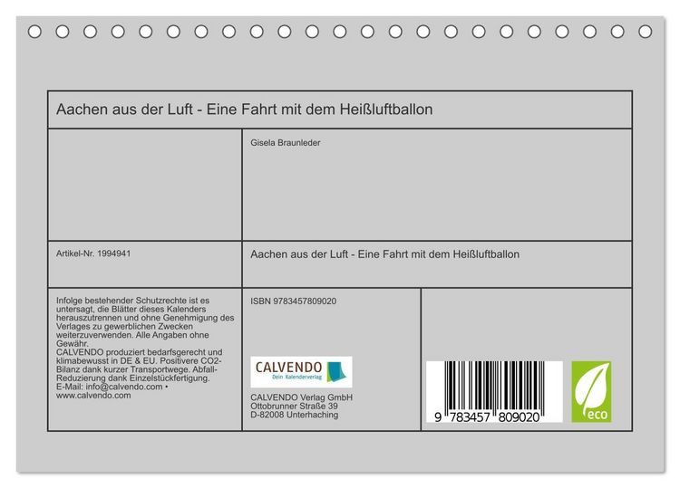 Produktbild: Aachen aus der Luft - Eine Fahrt mit dem Hei&szlig;luftballon (Tischkalender 2026 DIN A5 quer), CALVENDO Monatskalender