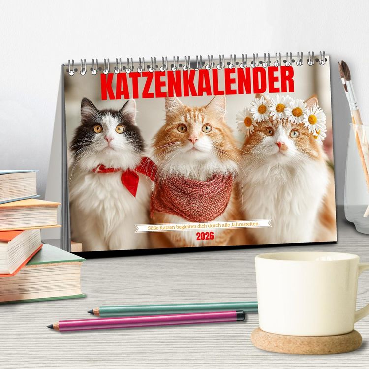 Produktbild: Katzenkalender - S&uuml;&szlig;e Katzen begleiten dich durch alle Jahreszeiten (Tischkalender 2026 DIN A5 quer), CALVENDO Monatskalender