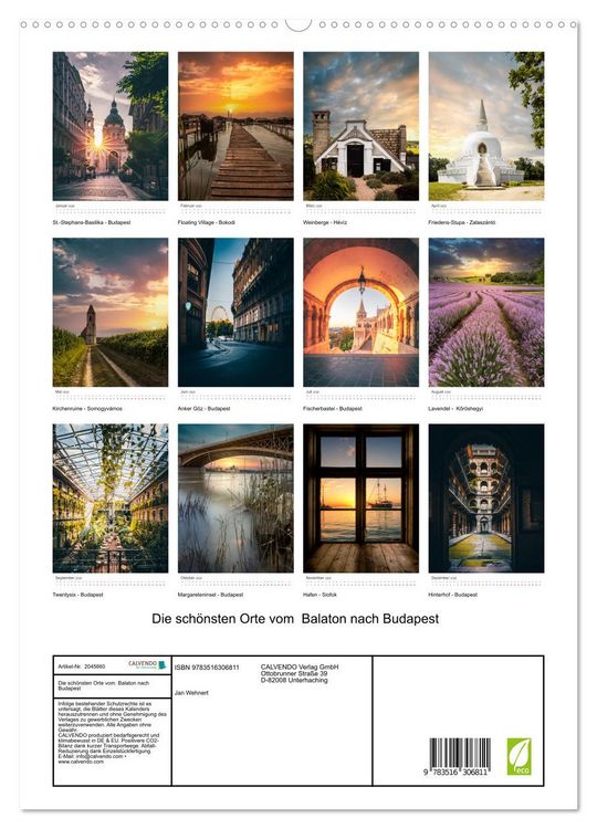 Produktbild: Die sch&ouml;nsten Orte vom Balaton nach Budapest (hochwertiger Premium Wandkalender 2026 DIN A2 hoch), Kunstdruck in Hochglanz