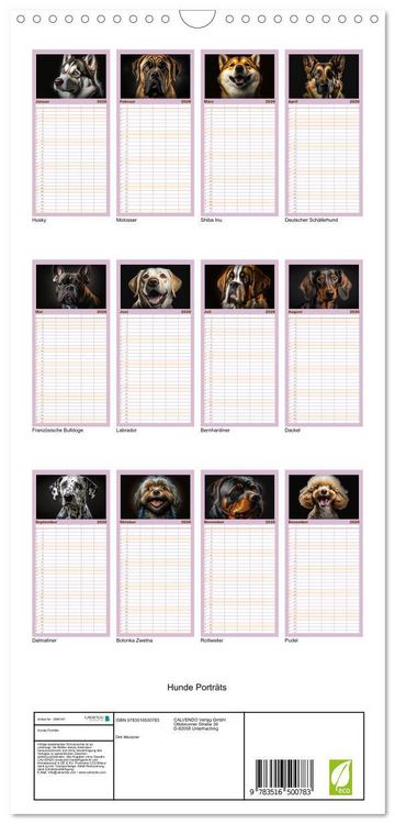 Produktbild: Familienplaner 2026 - Hunde Portr&auml;ts mit 5 Spalten (Wandkalender, 21 x 45 cm) CALVENDO