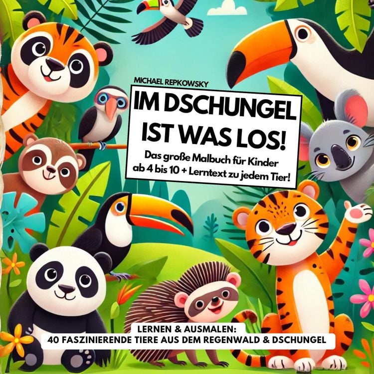Produktbild: Im DSCHUNGEL ist was los! Das gro&szlig;e Malbuch f&uuml;r Kinder ab 4 bis 10 Jahre + Lerntext zu jedem Tier!