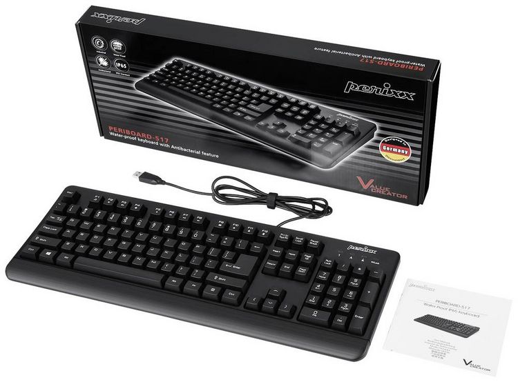 Produktbild: Perixx Periboard-517 B USB Tastatur Deutsch, QWERTZ Schwarz Staubgesch&uuml;tzt, Spritzwassergesch&uuml;tzt