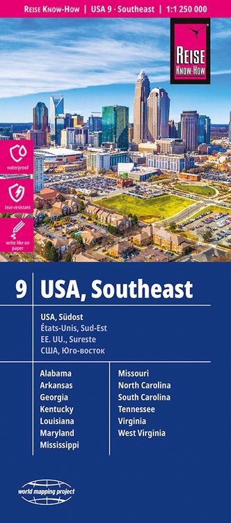Produktbild: Reise Know-How Landkarte USA 9 Südost 1 : 1.250.000: Missouri, Kentucky, West Virginia, South Carolina, ...