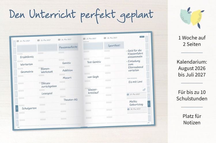 Produktbild: Mein Lehrerplaner A4+ &ndash; Hardcover &ndash; Lehrerkalender f&uuml;r das Schuljahr 2026/2027 &ndash; Zitronentanz