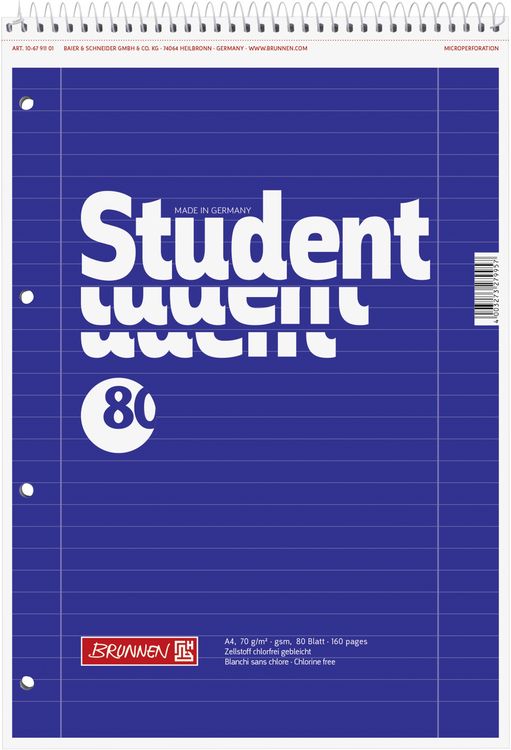Produktbild: Collegeblock Student Spirale oben | A4, Lineatur 27, 80 Blatt, blau