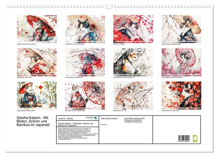 Produktbild: Geisha-Katzen - Mit Bl&uuml;ten, Schirm und Bambus im Japanstil (Wandkalender 2026 DIN A2 quer), CALVENDO Monatskalender