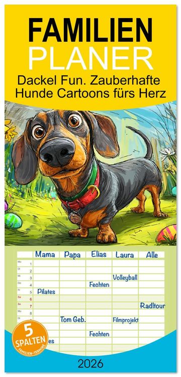 Produktbild: Familienplaner 2026 - Dackel Fun. Zauberhafte Hunde Cartoons f&uuml;rs Herz mit 5 Spalten (Wandkalender, 21 x 45 cm) CALVENDO