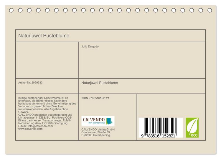 Produktbild: Naturjuwel Pusteblume (Tischkalender 2026 DIN A5 quer), CALVENDO Monatskalender