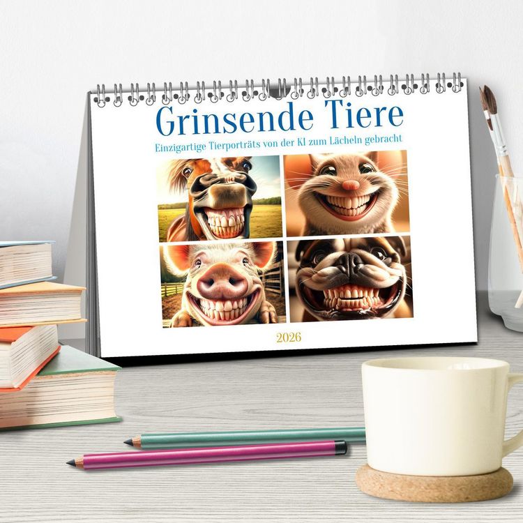 Produktbild: Grinsende Tiere - Tierportr&auml;ts von der KI zum L&auml;cheln gebracht (Tischkalender 2026 DIN A5 quer), CALVENDO Monatskalender