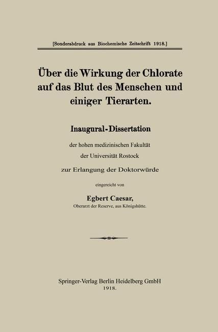 Produktbild: &Uuml;ber die Wirkung der Chlorate auf das Blut des Menschen und einiger Tierarten
