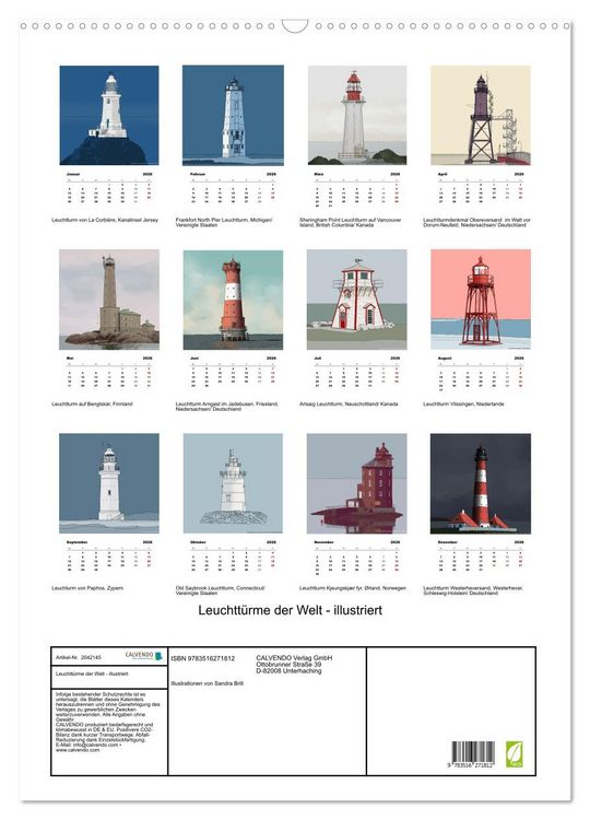 Produktbild: Leuchtt&uuml;rme der Welt - illustriert (Wandkalender 2026 DIN A2 hoch), CALVENDO Monatskalender