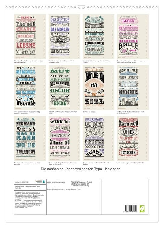 Produktbild: Die sch&ouml;nsten Lebensweisheiten Typo - Kalender (Wandkalender 2026 DIN A2 hoch), CALVENDO Monatskalender