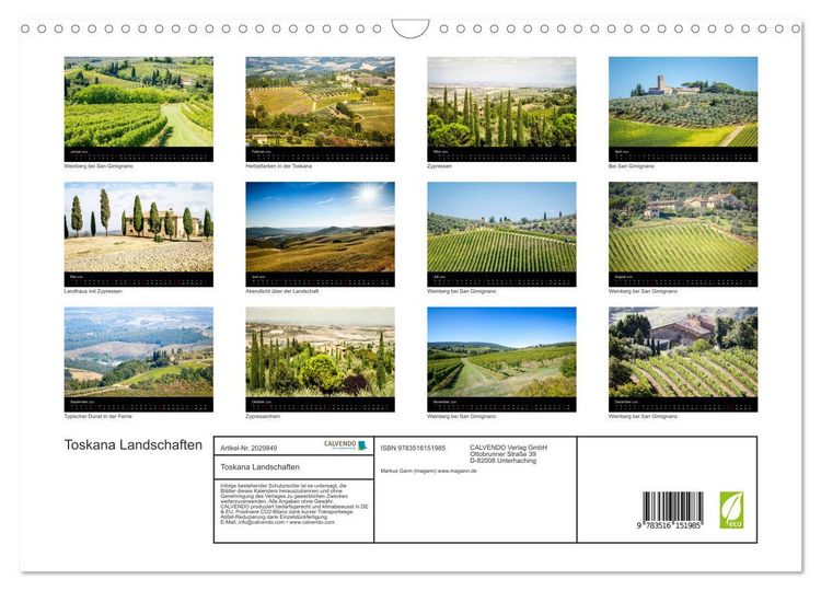 Produktbild: Toskana Landschaften (Wandkalender 2026 DIN A3 quer), CALVENDO Monatskalender