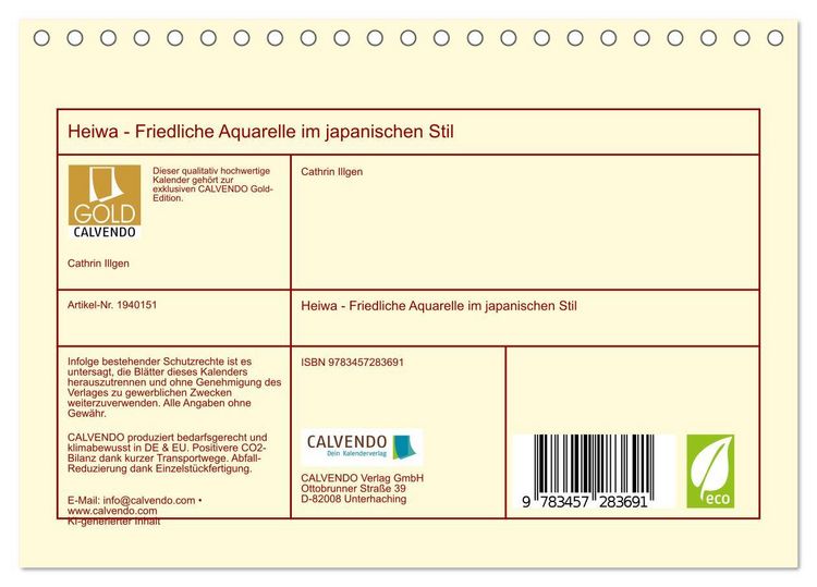 Produktbild: Heiwa - Friedliche Aquarelle im japanischen Stil (Tischkalender 2026 DIN A5 quer), CALVENDO Monatskalender