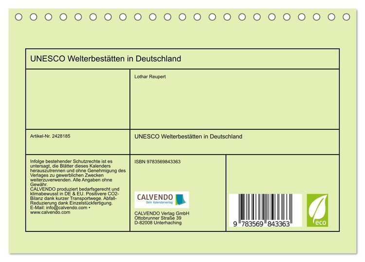 Produktbild: UNESCO Welterbest&auml;tten in Deutschland (Tischkalender 2027 DIN A5 quer), CALVENDO Monatskalender