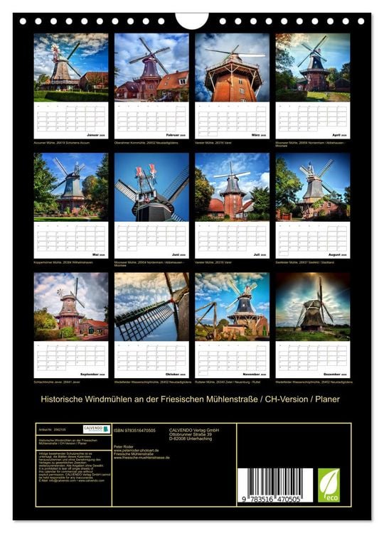 Produktbild: Historische Windm&uuml;hlen an der Friesischen M&uuml;hlenstra&szlig;e / CH-Version / Planer (Wandkalender 2026 DIN A4 hoch), CALVENDO Monatskalender