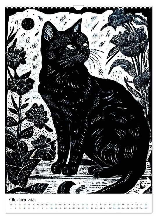 Produktbild: Katzen Linolschnitt - Der Kalender mit kunstvollen Portr&auml;ts der Samtpfoten (Wandkalender 2026 DIN A3 hoch), CALVENDO Monatskalender