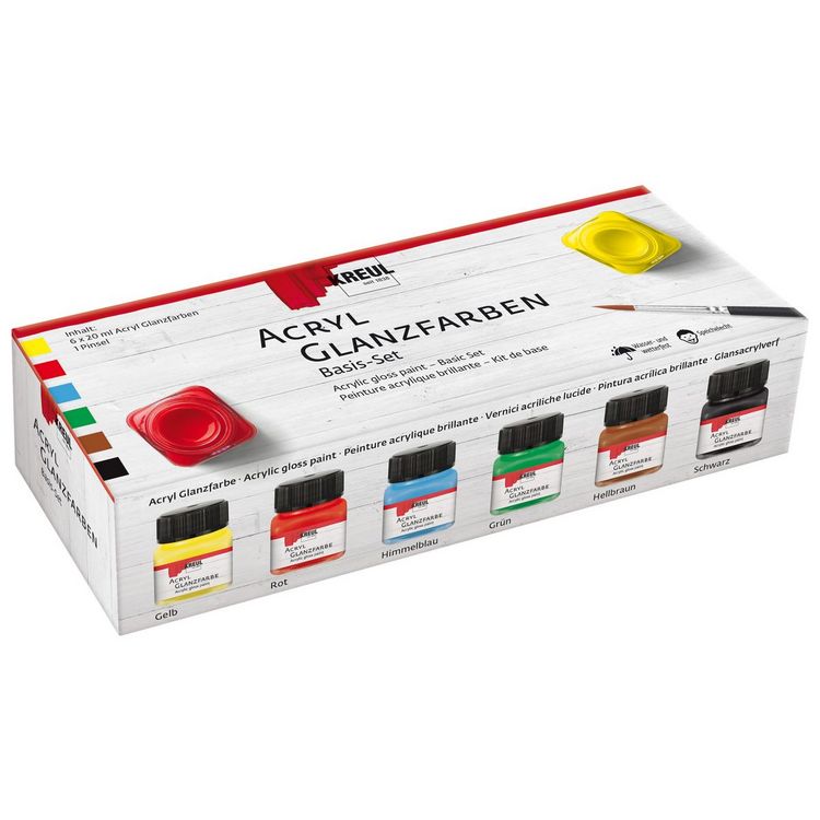 Produktbild: KREUL Acryl Glanzfarben Basis Set 6 x 20 ml, Gelb, Rot, Himmelblau, Gr&uuml;n, Hellbraun, Schwarz, 1 Pinsel