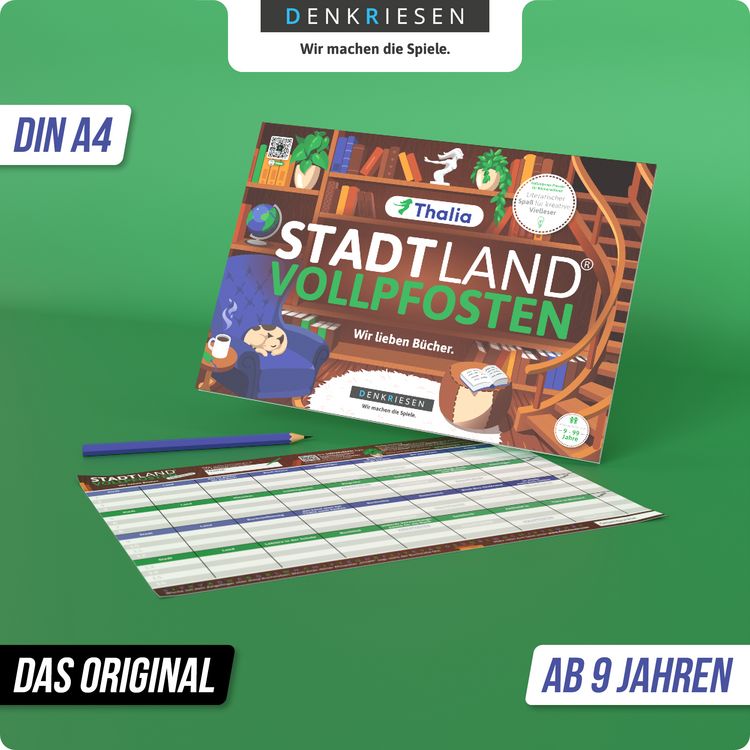 Produktbild: DENKRIESEN - Stadt Land Vollpfosten® Thalia Edition – "Wir lieben Bücher." ¦ A4 Spielblock