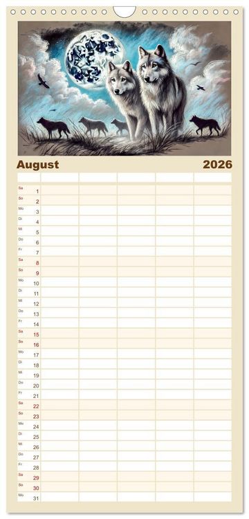 Produktbild: Familienplaner 2026 - Die Eleganz der W&ouml;lfe - Mythische Begegnungen in der Natur mit 5 Spalten (Wandkalender, 21 x 45 cm) CALVENDO