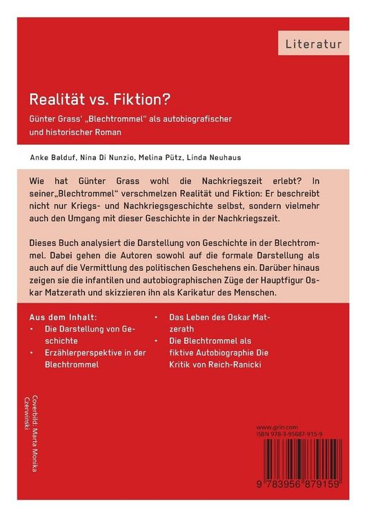 Produktbild: Realit&auml;t vs. Fiktion. G&uuml;nter Grass' "Blechtrommel" als autobiografischer und historischer Roman
