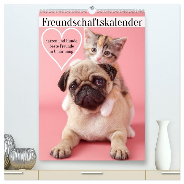 Produktbild: Freundschaftskalender - Katzen und Hunde, beste Freunde in Umarmung (hochwertiger Premium Wandkalender 2026 DIN A2 hoch), Kunstdruck in Hochglanz