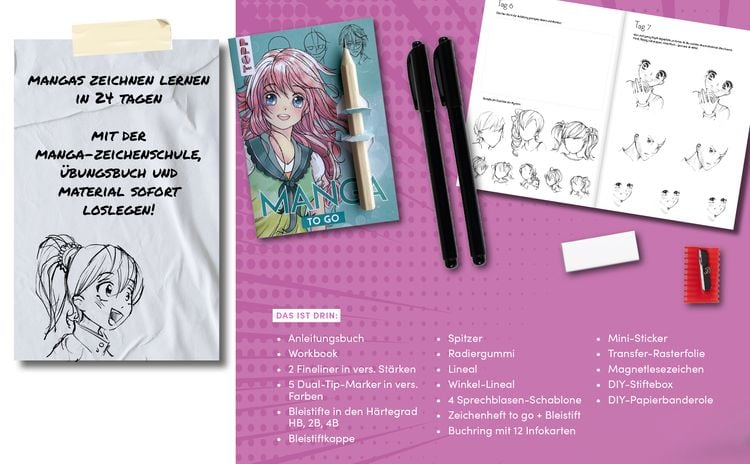 Produktbild: Manga zeichnen Adventskalender - Manga zeichnen lernen in 24 Tagen. Mit Anleitungsbuch, Workbook und Zeichenmaterial