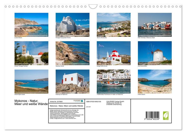 Produktbild: Mykonos - Natur, Meer und wei&szlig;e W&auml;nde (Wandkalender 2026 DIN A3 quer), CALVENDO Monatskalender