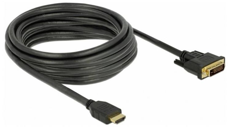 Produktbild: Delock HDMI / DVI Anschlusskabel HDMI-A Stecker, DVI-D 24+1pol. Stecker 5 m Schwarz 85656 dreifach geschirmt, vergoldete Steckkontakte HDMI-Kabel