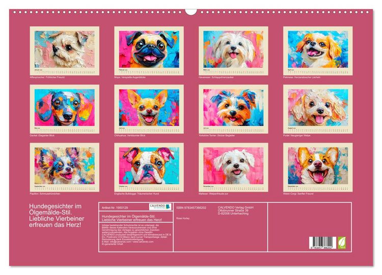 Produktbild: Hundegesichter im &Ouml;lgem&auml;lde-Stil. Liebliche Vierbeiner erfreuen das Herz! (Wandkalender 2026 DIN A2 quer), CALVENDO Monatskalender