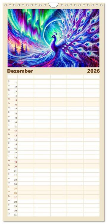 Produktbild: Familienplaner 2026 - Tanz der Pfauen - Jahreszeiten in abstrakter Eleganz mit 5 Spalten (Wandkalender, 21 x 45 cm) CALVENDO