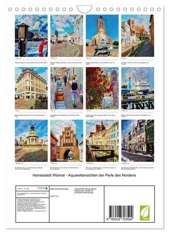 Produktbild: Hansestadt Wismar - Aquarellansichten der Perle des Nordens (Wandkalender 2026 DIN A4 hoch), CALVENDO Monatskalender