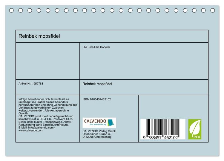 Produktbild: Reinbek mopsfidel (Tischkalender 2026 DIN A5 quer), CALVENDO Monatskalender