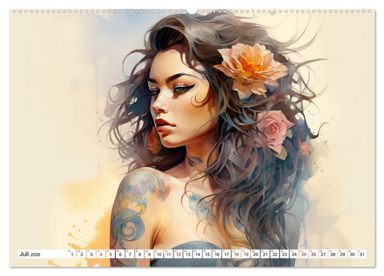 Produktbild: Tattoo trifft Kunst - Starke Tattoos treffen auf sanftes Aquarell (Wandkalender 2026 DIN A2 quer), CALVENDO Monatskalender