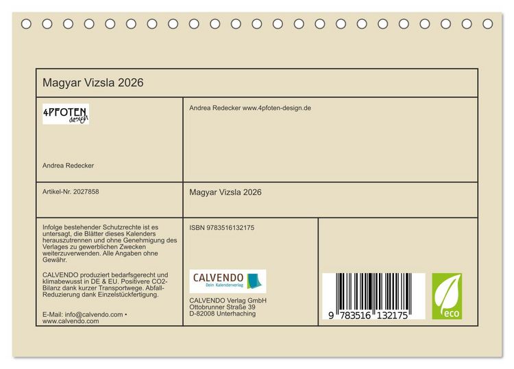 Produktbild: Magyar Vizsla 2026 (Tischkalender 2026 DIN A5 quer), CALVENDO Monatskalender